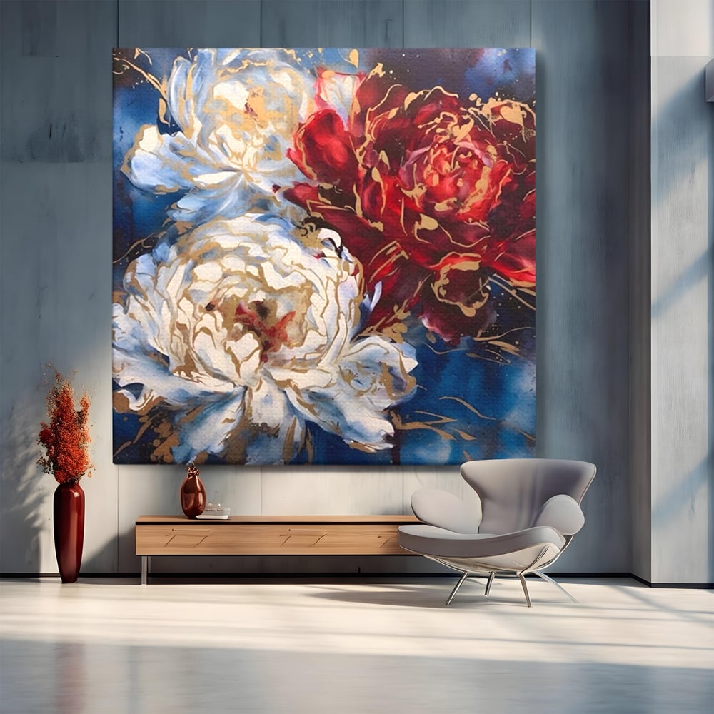 Tablou canvas cu tablou canvas cu trei bujori si foita aurie, fara rama, pe sasiu de lemn